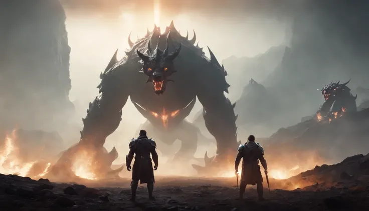 two warriors silhouettes standing in front of a massive [three-headed Cerberus] aggressively standing 100feet tall, located in a battlefield , concept art wallpaper 4k, sci-fi fantasy wallpaper, sci fi artwork, detailed sci-fi art, beautiful sci fi art, sp...