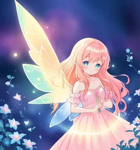 beautiful girl in flowing ballgown dress, (glowing fairy wings), glowing flowing ballgown, long wavy hair, sparkling fairy wings, watercolor illustration, flowers and colorful plants, inspired by Glen Keane, inspired by Lois van Baarle, disney art style, b...