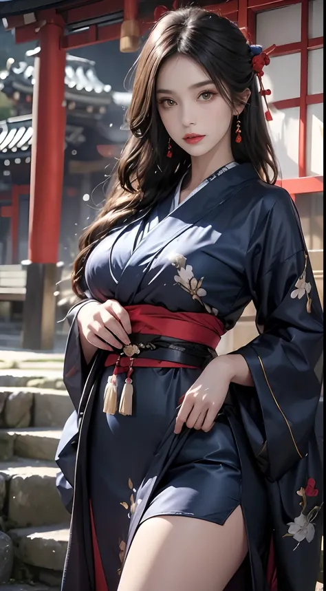 Shrine of Japan、Wearing a dark blue kimono、Unreal Engine:1.4,nffsw,best qualtiy:1.4, Photorealista:1.4, Skin Texture:1.4, ​masterpiece:1.8, 1 Women, hips up high, beautidful eyes, The long-haired, Ringed Eyes, jewely, The tattoo, Kimono