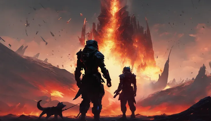 two warriors silhouettes standing in front of a massive Cerberus aggressively standing 100feet tall, located in a battlefield , concept art wallpaper 4k, sci-fi fantasy wallpaper, sci fi artwork, detailed sci-fi art, beautiful sci fi art, spaceships in the...