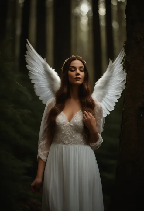 A young woman standing in an enchanted forest with a guardian angel by her side, the moonlight filtering through the dense trees, casting ethereal rays on the scene, evoking a sense of tranquility and wonder, Photography, shot with a 50mm prime lens at f/2...