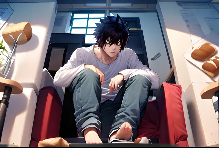 l lawliet, solo, looking at viewer, anime, spiked hair, black hair, 1boy, shirts, bags under eyes, long sleeved shirt, indoors, pants, black eyes, male focus, white shirt,