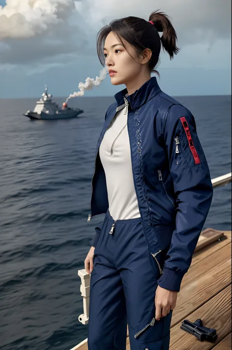 [((on ship deck,1 beautiful girl,Extremely exquisite facial details,short ponytail,(Navy Blue zipped-up jacket and pants:1.3),slim,alert,holding rifle,Aiming and shooting,from everywhere))],
masterpiece,highres, highest quality,intricate detail,best textur...