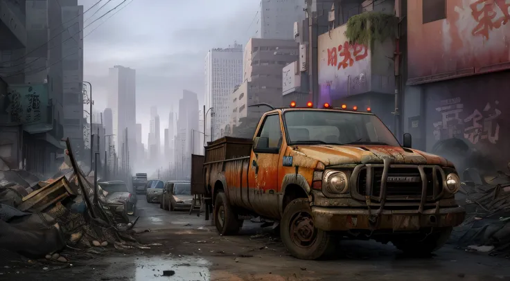 a dirty truck driving on the streets, post-apocalyptic Tokyo, highly realistic conceptual artwork, post-apocalyptic San Francisco, set in post-apocalyptic Tokyo, post-apocalyptic streets, post-apocalyptic city of Post - Apocalypse City, urban conceptual ar...