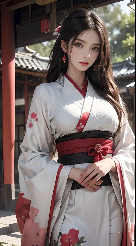 Historic Buildings in Japan、Wearing a white kimono、Unreal Engine:1.4,nffsw,best qualtiy:1.4, Photorealista:1.4, Skin Texture:1.4, ​masterpiece:1.8, 1 Women, hips up high, beautidful eyes, The long-haired, Ringed Eyes, jewely, The tattoo, Kimono