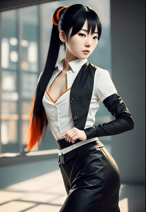 a beautiful 25 years old Japanese female maid with ponytail black hair, pale skin, serious looking, wearing a black and orange assassin outfit, waist up shot, dynamic pose, ambient lighting, photo realism, intricate face detail, intricate hand details, hig...