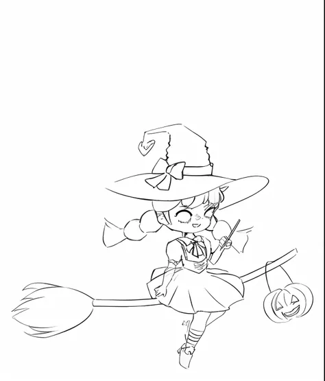 A painting of a little girl in a witchs costume flying on a broomstick, Simple lines of art, the witch, clean lineart, in a halloween style, bright witch, sorceress woman, classical witch, scarry but bewitching, witch, linear art, cat witch, flirty anime w...