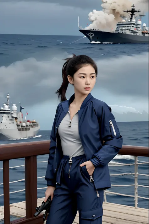 [((on ship deck,1 beautiful girl,Extremely exquisite facial details,short ponytail,Big watery eyes,small face,pale and flawless skin,(Navy Blue zipped-up jacket and pants:1.3),slim,alert,holding rifle,Aiming and shooting,from everywhere))],
masterpiece,hig...