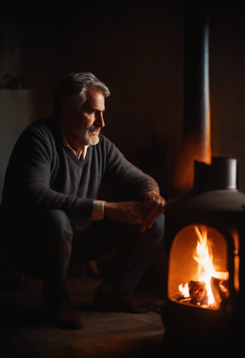 Retrato de un hombre de mediana edad sent6ado a la orilla de una chimenea