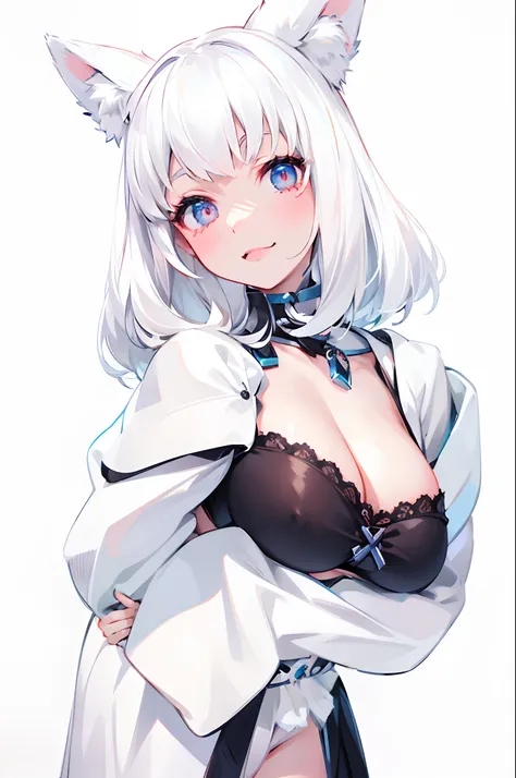 masterpiece, best quality, high quality, ultra detailed, 1girl, solo, girl with white hair and fox ears, perfect white hair girl, enchanting girl, white hair, white hair woman, white hair girl, huge breasts, closing mouth, smiling