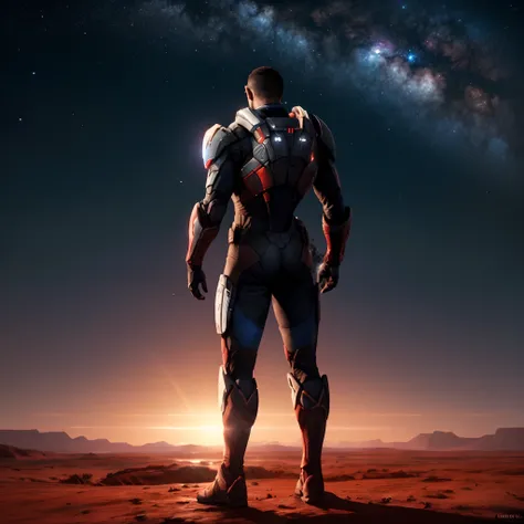 back shot, full body, a man, male Shepard, mass effect, soldier is standing on the planets red dirt surface, sci-fi art, space, planet, neon, concept, beautiful detailed, artistic photography, illustrative concept art, masterpiece, soft natural volometric ...