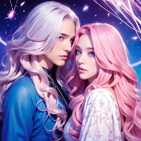 (pair, woman long curly hair, pink hair, blue eyes)(man, young, boy, long hair, white hair, blue eyes) pair, couple, magical background,