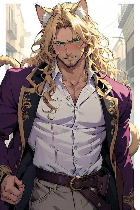 Purple coat, one male, cat ears, long hair, blond, blond hair, green eyes, tall, muscular, white shirt, beautiful face, highest quality, masterpiece, 2d, anime, perfect face, highest detail, feline eyes, stubble, cat tail, wavy hair, cowboy shot, detailed ...