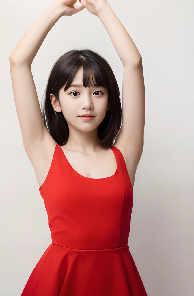 girl with,(Plain sleeveless red dress),14 year old,bangss,Upper body,White background,Armpit,(Black straight hair),(raise both hands)