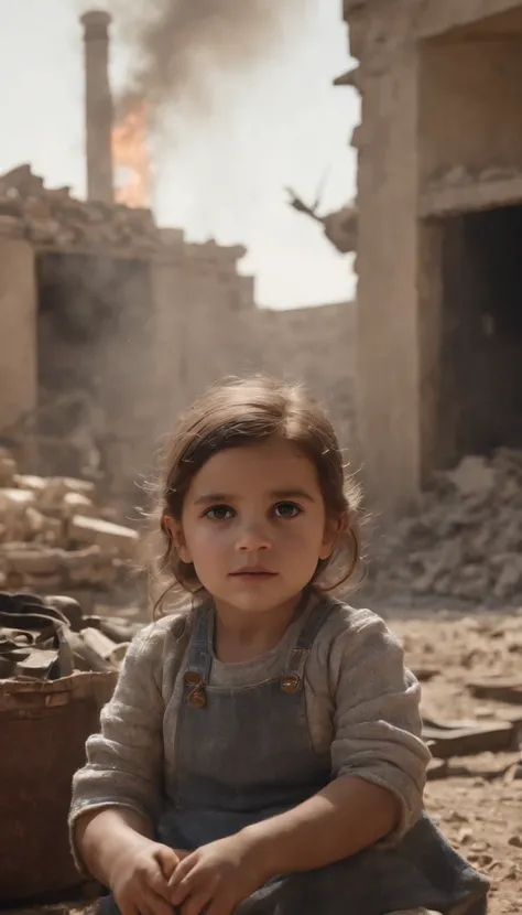 there is a little girl Palestine sitting in her front house destroyed by Israel missile, fire exploded, unreal engine 5 render dramatic, award winning cinematic still, smoke filled room, by Daniel Ljunggren, by Etienne Delessert, artem chebokha, lpoty, abs...