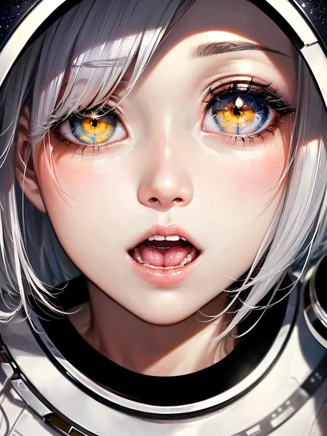 (Uma obra-prima de melhor qualidade em close-up:1.5)0.9], (Space and astronaut:1.2) (messy silver hair:1.1) (olhos amarelos com heterocromia e olhos azuis:1.2) (capacete espacial:1.0) (estrelas coloridas nos olhos:1.0) (luz radiante:1.1) (Big Lips:0.9)