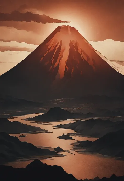 Katsushika Hokusai，Close-up shot，Aerial view，Dramaticlight，Erupting lava，Dante Peak，volcanoes