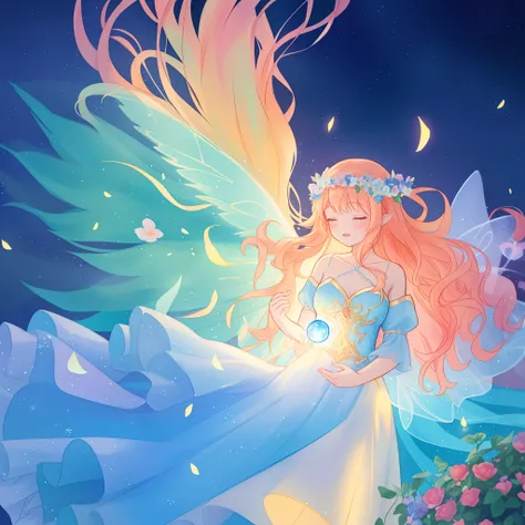 beautiful girl in flowing ballgown dress, (glowing fairy wings), glowing flowing ballgown, long wavy hair, sparkling fairy wings, watercolor illustration, flowers and colorful plants, inspired by Glen Keane, inspired by Lois van Baarle, disney art style, b...