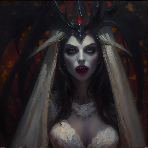 dimly lit, (oil painting:1.3) of an (alluring vampire queen), (fangs:1.2)