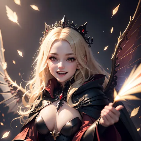 finest image, detailed and delicate depiction, deformed, cute vampire, fearless smile, large sparkling fangs protruding from the mouth, messy blonde medium hair, red dress and black cloak, wings, iridescent light glass crystal metal-plated fantasy room, ba...