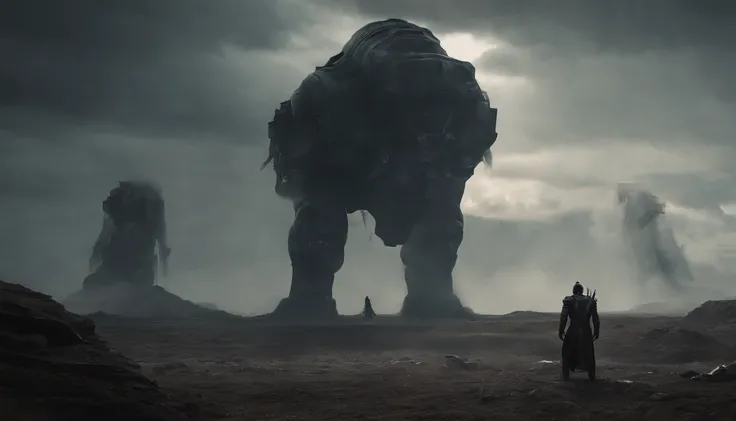 a warriors Silhouette standing in front of a massive Minotaur aggressively standing 100feet tall, located in a battlefield , concept art wallpaper 4k, sci-fi fantasy wallpaper, sci fi artwork, detailed sci-fi art, beautiful sci fi art, spaceships in the cl...