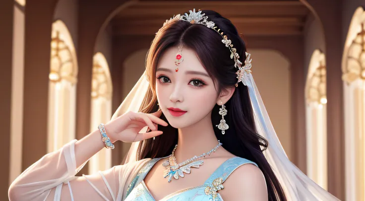 Best Quality, Masterpiece, High Resolution, 1girl, Clear Silk Porcelain Dress, Pretty Face, Hair Accessories, Look at the Audience, Smile, Close Mouth, Lips, Dress, Hair Accessories, Necklaces, Jewelry, Long Hair, Earrings, Beautiful Face, Body, Tindal Eff...