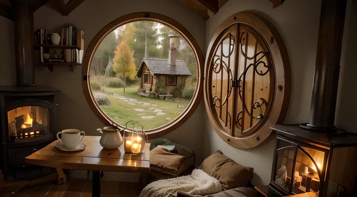 a cozy hobbit house, with two side fireplace , theres a table with coffee and a cup of coffee and candles, bookshelf in wall, in a autumn rainy day out