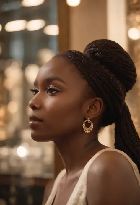 (8k, RAW photo, highly sensitive, photorealistic:1.25) , Nigeria girl, shopping while looking at the sparkling show window, extremely detailed hair, intricate detail, masterpiece, best quality,