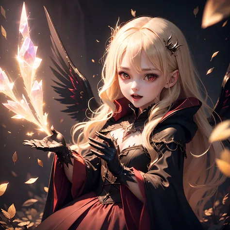 finest image, detailed and delicate depiction, deformed, cute vampire, shining big fangs, messy blonde medium hair, red dress and black cloak, wings, iridescent light glass crystal metal-plated fantasy room, background that emits fantastic light, light par...