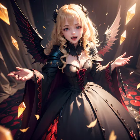 finest image, detailed and delicate depiction, deformed, cute vampire, cute shining big fangs, messy blonde medium hair, red dress and black cloak, wings, iridescent light glass crystal metal-plated fantasy room, background that emits fantastic light, ligh...