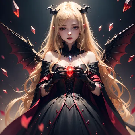 finest image, detailed and delicate depiction, deformed, cute vampire, cute shining fangs, messy blonde medium hair, red dress and black cloak, wings, iridescent light glass crystal metal-plated fantasy room, background that emits fantastic light, light pa...