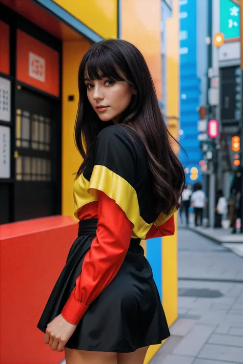 Beautiful Russian Girl Dressed in Black Miniskirt and Red Blouse in Tokyo,Colorful Day,Beautiful day, Raw,Maximum texture,Maximum illumination,Brightly lit environment,Sharp focus, vivid, 8k, ultra realistic, perfect composition, masterpiece, best quality,...