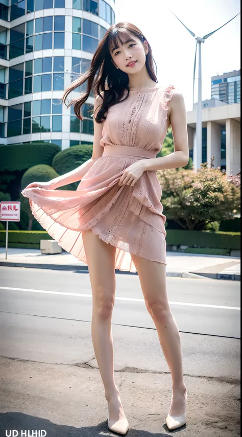 (Best quality, 8k, 32k, Masterpiece, UHD:1.2),Photo of Pretty Japanese woman,(sad smile,blush:1.1),looking at viewer,(beautiful detailed dress skirt:1.2),detailed legs,(spread legs:0.9),(lace panties:0.9),(wind lift:1.5), full body,windy,city,outdoors