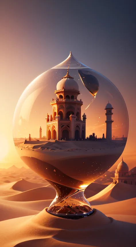 Imagine an ancient hourglass slowly releasing sand, symbolizing the end of time. and in the background, there is a beautiful realistic image of taj mahal, radiating love and compassion