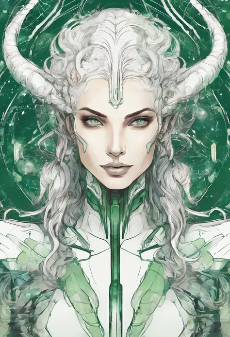 hand drawn sketch illustration of a beautiful tiefling with white hair, green eyes, symmetrical dragon horns, illustration, watercolor sketch, (best quality)), intricate detailed, ((midriff exposed))