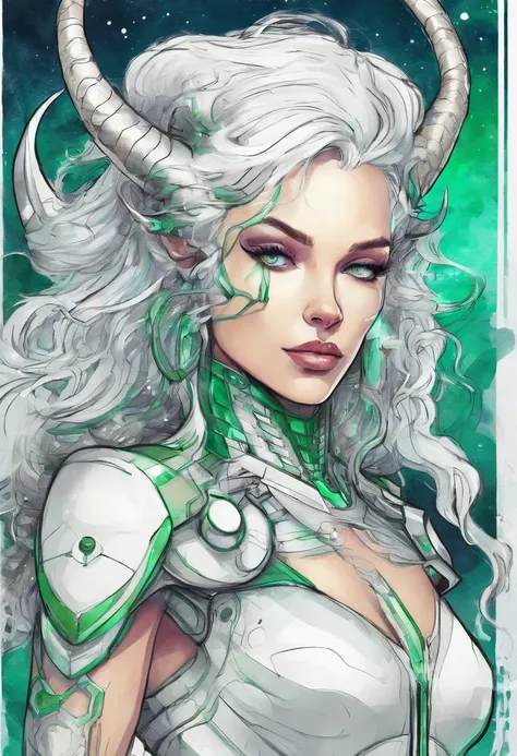 hand drawn sketch illustration of a beautiful tiefling with white hair, green eyes, symmetrical dragon horns, illustration, watercolor sketch, (best quality)), intricate detailed, ((midriff exposed))