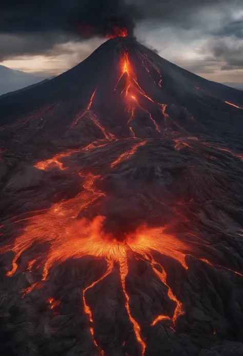 Close-up shot，Aerial view，Dramaticlight，Erupting lava，Dante Peak，volcanoes