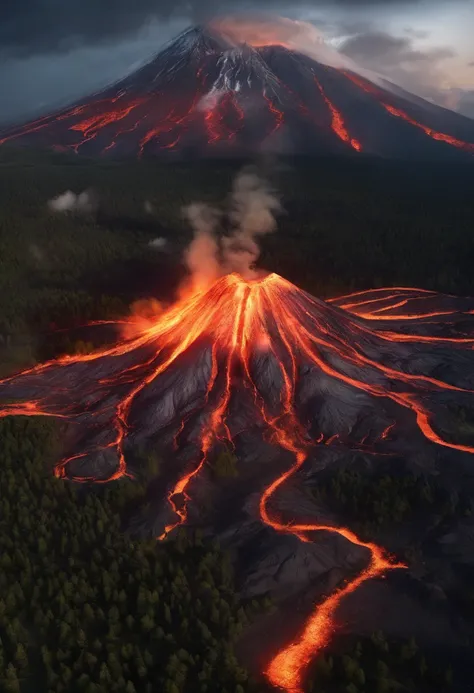 Close-up shot，Aerial view，Dramaticlight，Erupting lava，Dante Peak，volcanoes