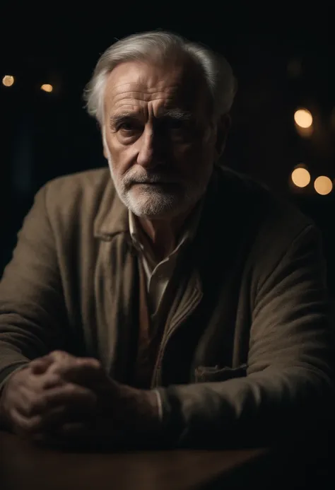 Wise old male narrator in dark room looking directly at camera