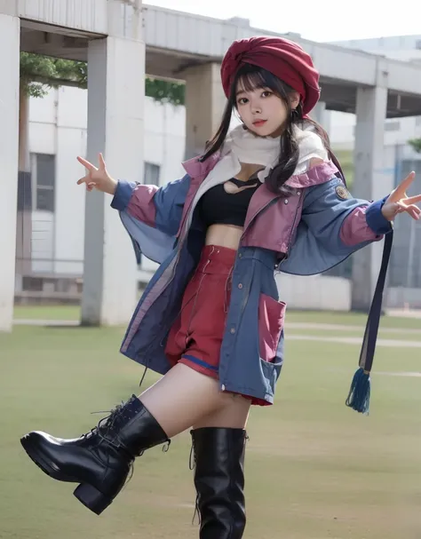 infp young woman、Good Style、、Shorts、、Idol face、large full breasts、、long boots、Red and blue colorful fashion、Large turban style hat