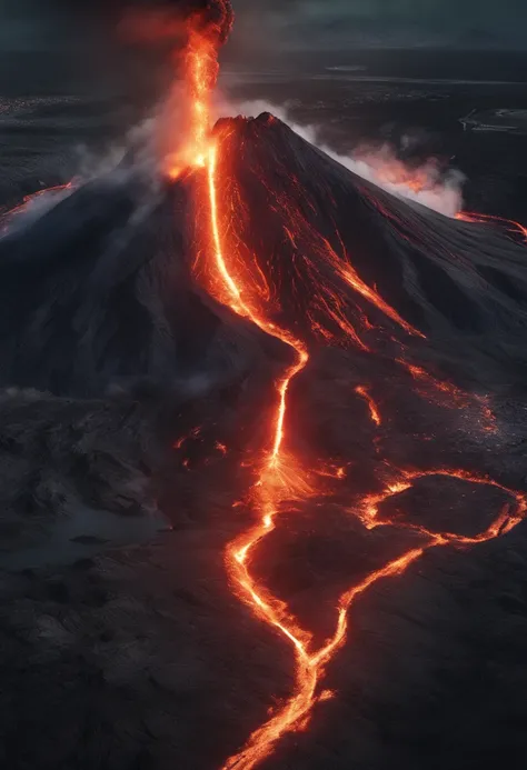 Close-up shot，Aerial view，Dramaticlight，Erupting lava，Dante Peak，volcanoes