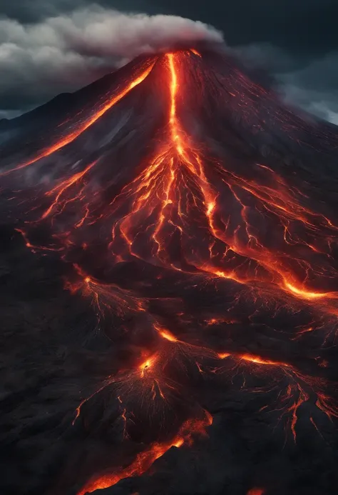 Close-up shot，Aerial view，Dramaticlight，Erupting lava，Dante Peak，volcanoes