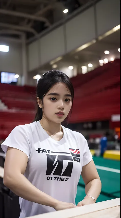 Masterpiece, best quality, high quality, 8k, UHD, Arafed a beautiful women, indoor stadium, solo, sport t-shirt, eyelid, white skin, black hair, open thgh, (fat:1.3), rawinda prajongjai