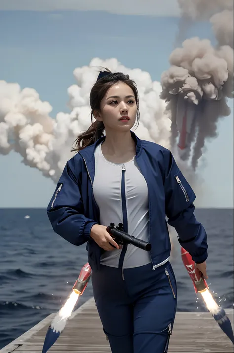 [((on ship deck,1 beautiful girl,Extremely exquisite facial details,short ponytail,Big watery eyes,small face,pale and flawless skin,Exquisite makeup,(Navy Blue zipped-up jacket:1.3),(navy blue pants:1.3),slim,alert,(Carrying a huge rocket launcher on shou...