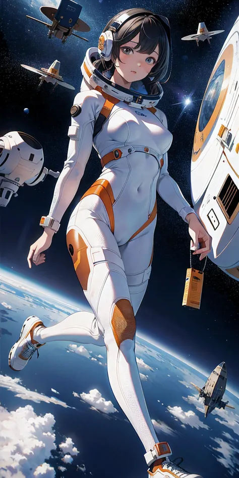 Absurd resolution, high resolution, (masterpiece:1.4), ultra-detailed, 1girl, in spacesuit, seen from above, space, floating, satellite, running pose, wide-angle lens distortion