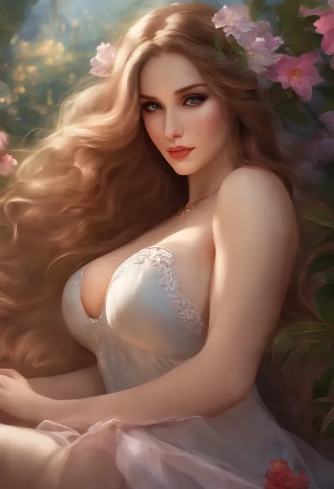 best quality,ultra-detailed,realistic,artistic,hentai,busty woman,breasts,curvy body,sensual,provocative,delicate skin,long flowing hair,erotic pose,soft lighting,colorful,painting style,stylish clothing,floral background,sexy gaze,lush environment,seducti...