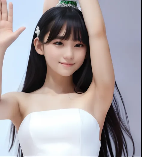 A girl,wedding dress,14 year old,bangs bangs,Upper body,White background,Armpit,(Black straight long hair),(raise both hands)