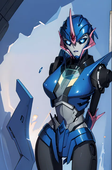 (masterpiece, best quality:1.2), arcee (transformers prime), 1girl, mecha, solo, robot, breasts, blue eyes, autobot, no humans, blue lips, science fiction, glowing, (futuristic prison), ((((arms behind back)))), (upper body), angry,