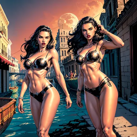 (Adriana Lima :1.1) red lips, green eyes in beautiful Havana Cuba ocean, boats Stores, Galleries, street, night moon is full , eye view (best quality，ultra - detailed, Illustration，Best shadow，masterpiece，A high resolution，professional artwork，famous artwo...