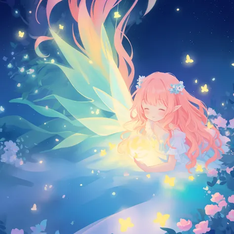 beautiful girl in flowing ballgown dress, (glowing fairy wings), glowing flowing ballgown, long wavy hair, sparkling fairy wings, watercolor illustration, flowers and colorful plants, inspired by Glen Keane, inspired by Lois van Baarle, disney art style, b...